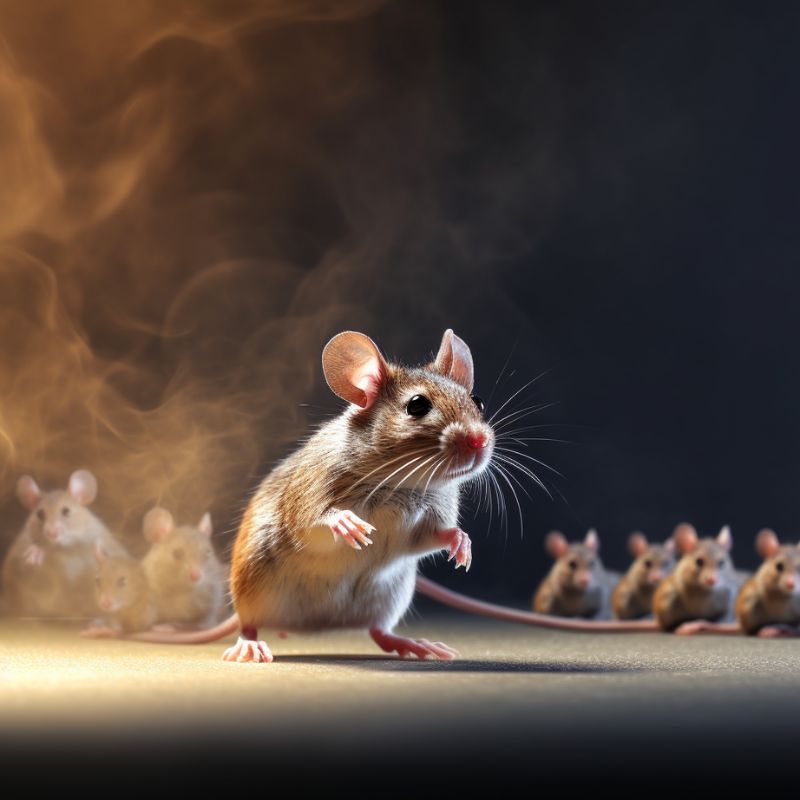 In a scene reminiscent of London pest control efforts, a mouse stands alert in the foreground with several mice lined up behind it, amidst a dark, smoky atmosphere.