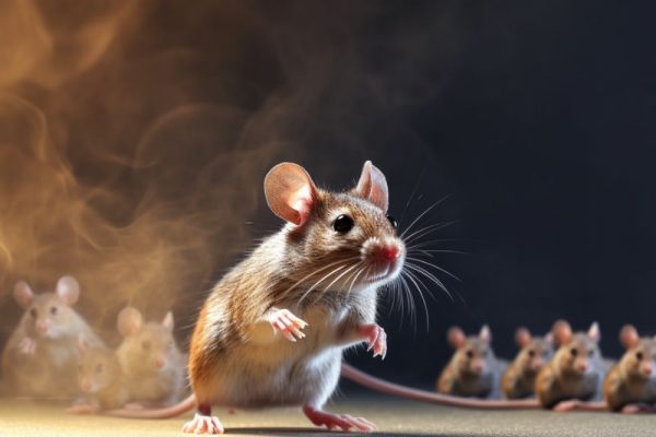 In a scene reminiscent of London pest control efforts, a mouse stands alert in the foreground with several mice lined up behind it, amidst a dark, smoky atmosphere.